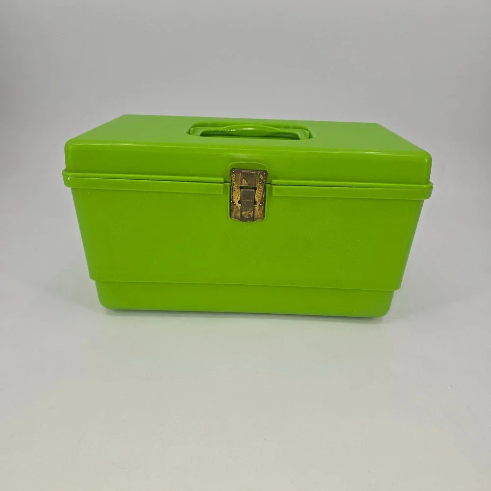 Vintage 1970s Sewing Box Lime Green Plastic Organizer Tray Retro MCM Mod
